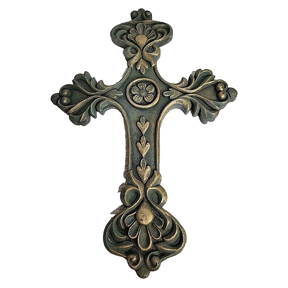 Vintage Style Ornate Wall Cross Fleur De Lis Floral Verdigris Gold Tone 14.5"